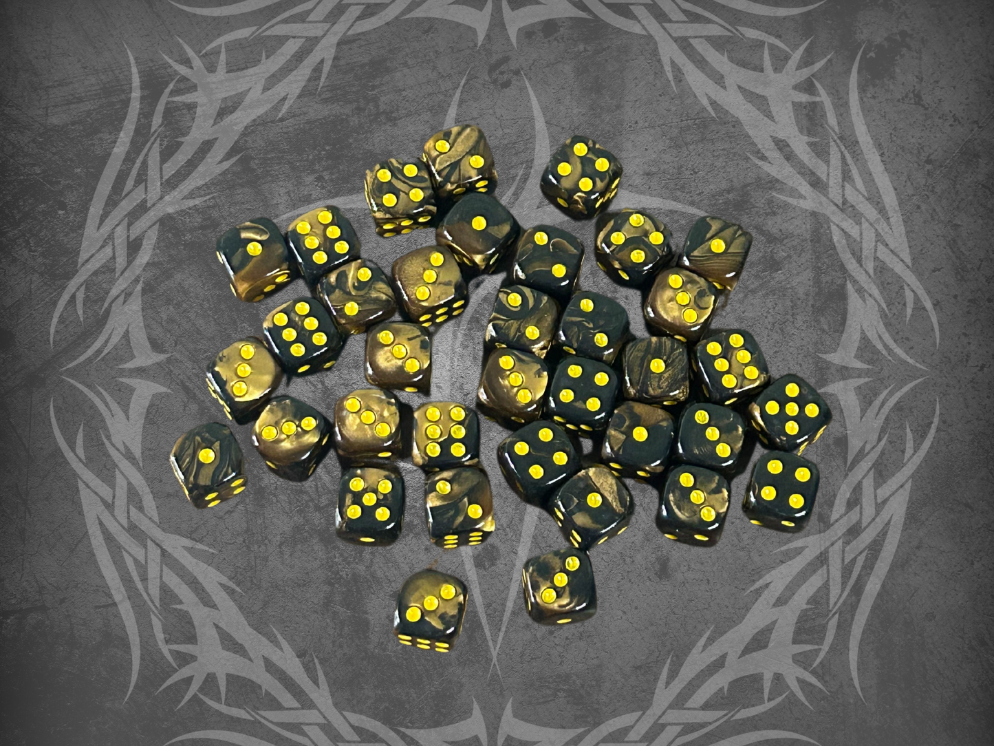 36 Dice Pack 12mm Black & Bronze w/ Yellow Accents Rounded Edges