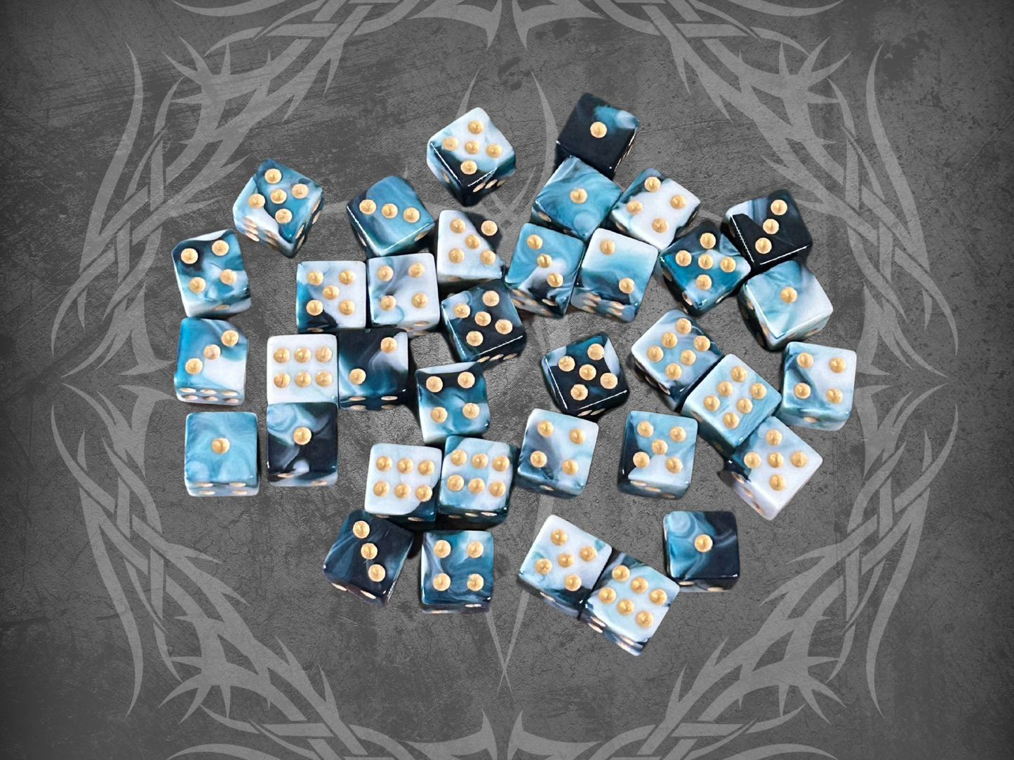 36 Dice Pack 12mm Black, White, & Light Blue w/ Gold Accents Square Edges