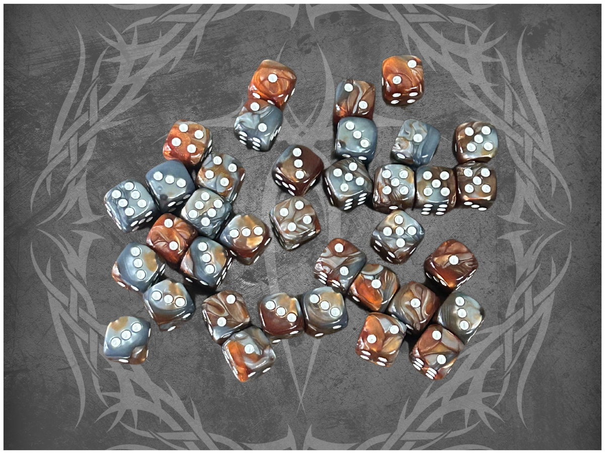 36 Dice Pack 12mm Brown & Silver w/ White Accents Rounded Edges