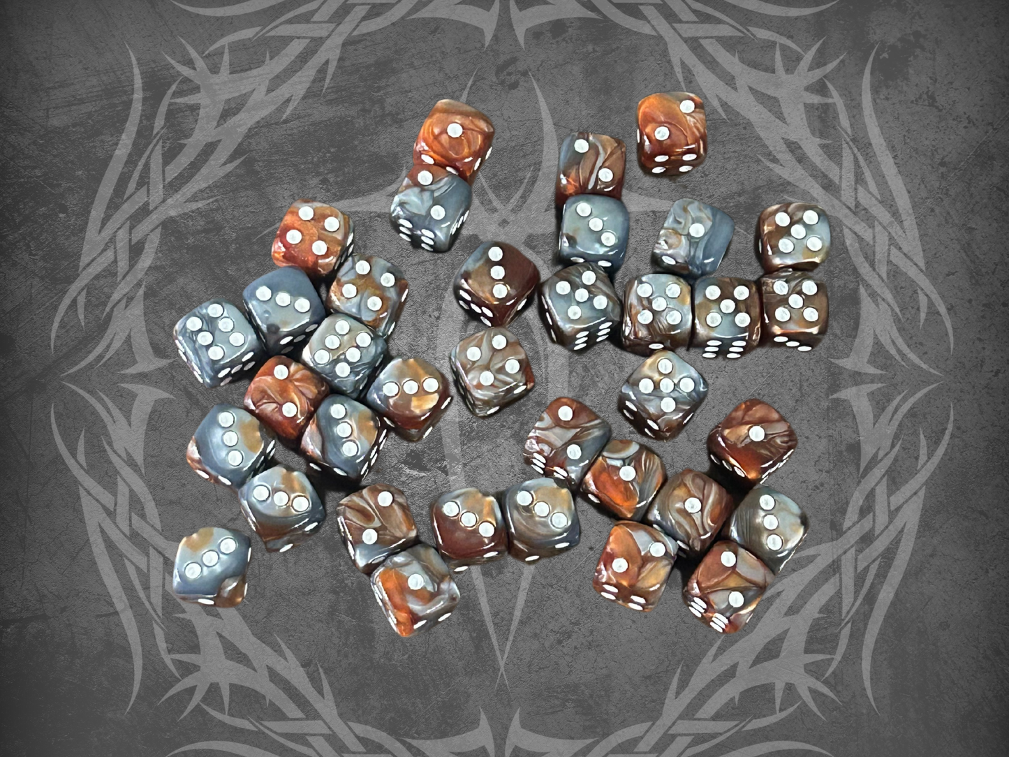 36 Dice Pack 12mm Brown & Silver w/ White Accents Rounded Edges