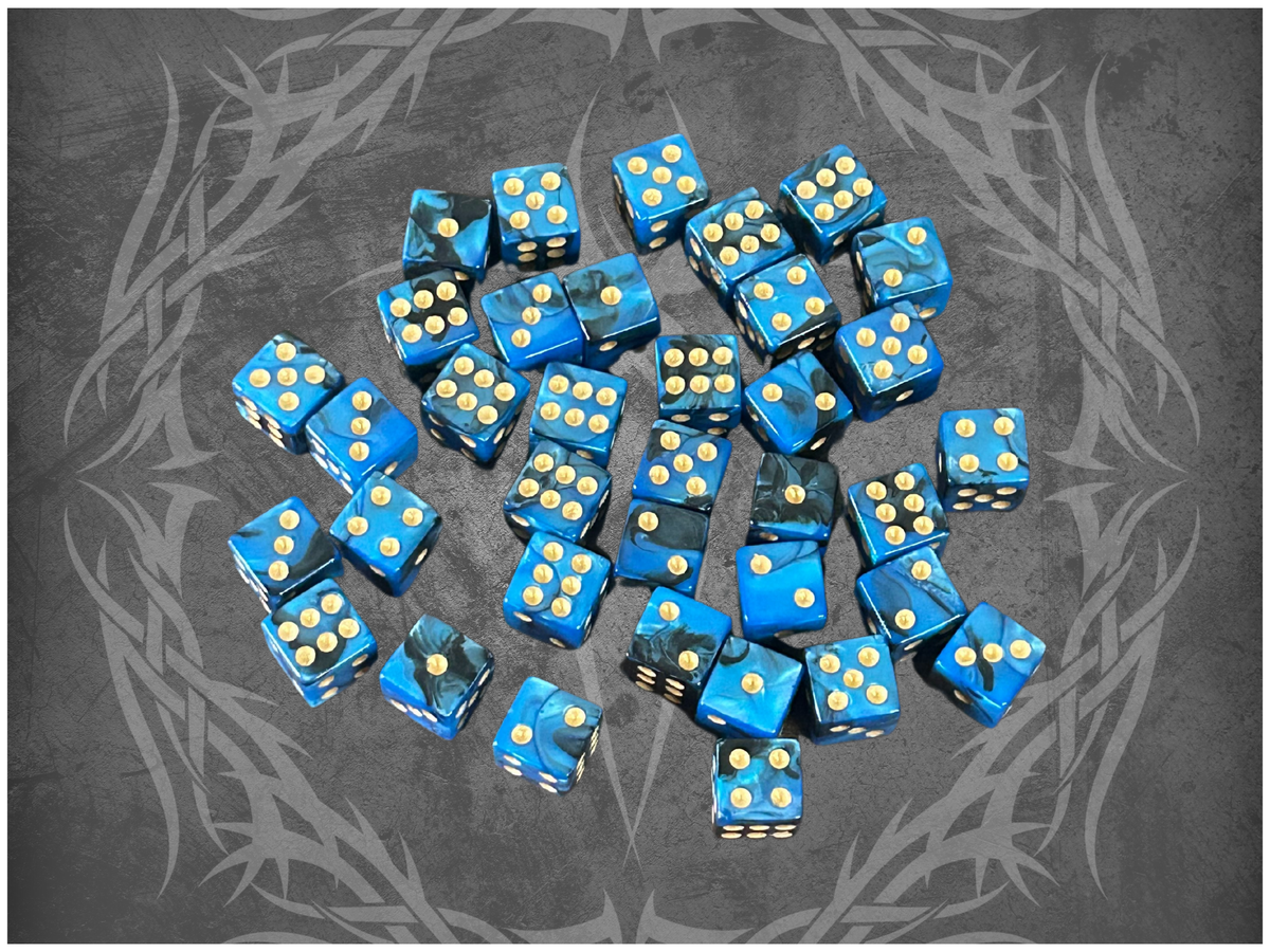 36 Dice Pack 12mm Black & Blue w/ Gold Accents Square Edges