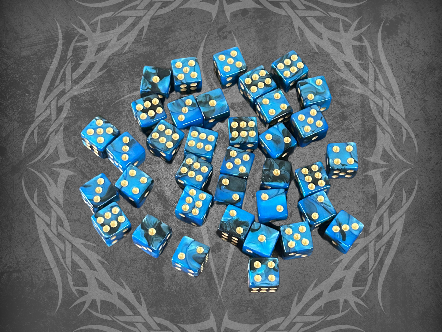 36 Dice Pack 12mm Black & Blue w/ Gold Accents Square Edges