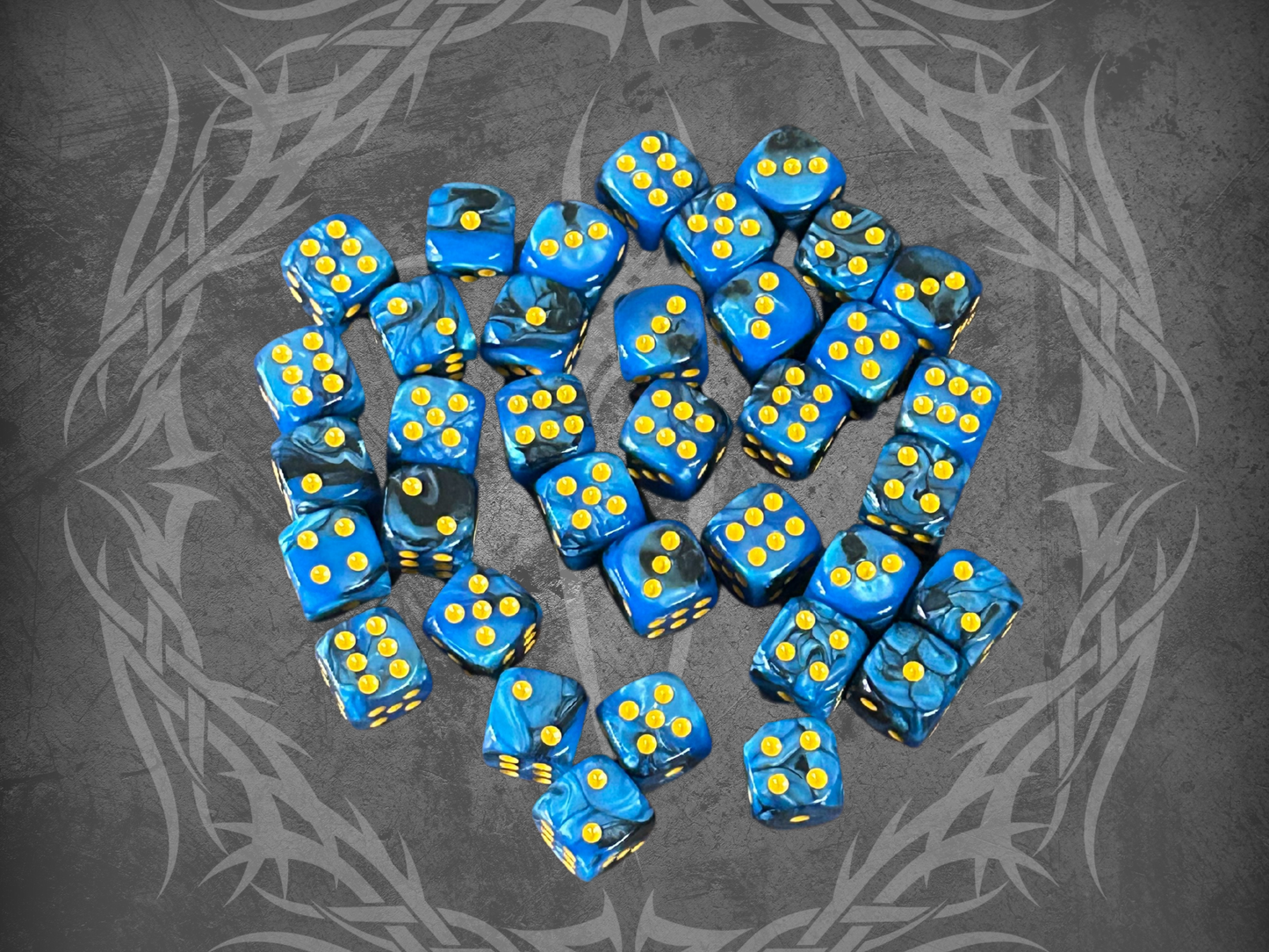 36 Dice Pack 12mm Black & Blue w/ Yellow Accents Rounded Edges