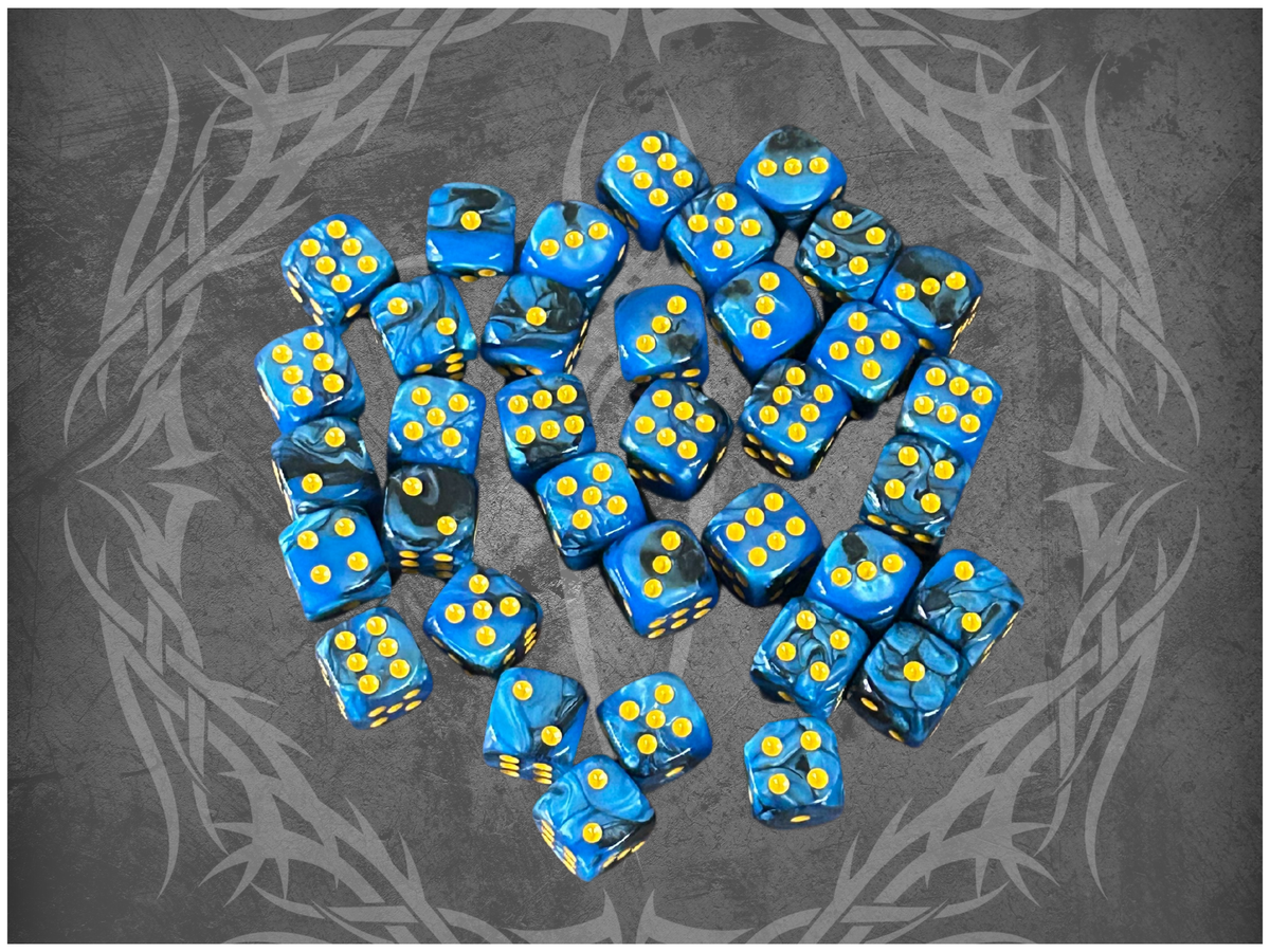 36 Dice Pack 12mm Black & Blue w/ Yellow Accents Rounded Edges