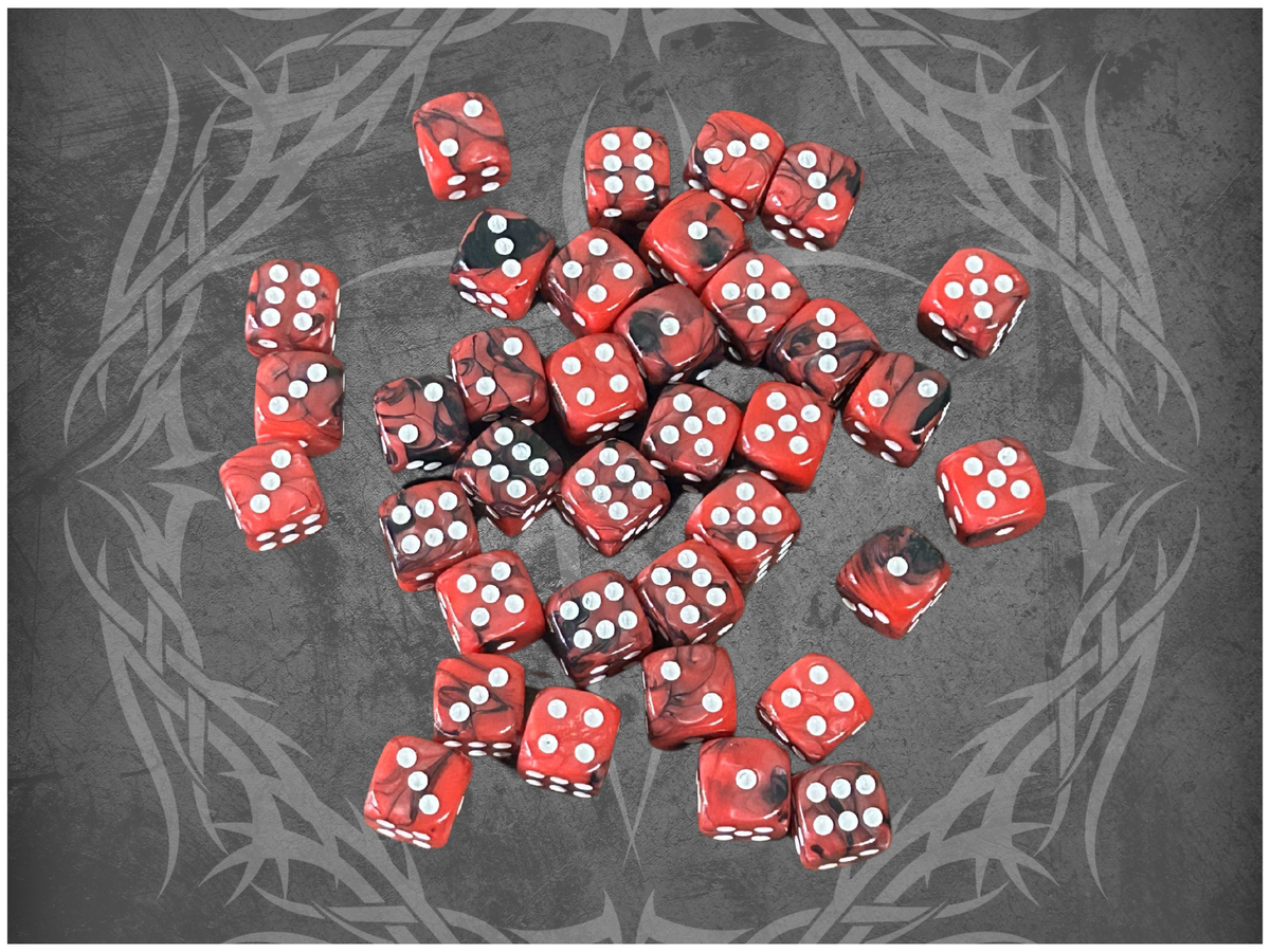 36 Dice Pack 12mm Black & Red w/ White Accents Rounded Edges