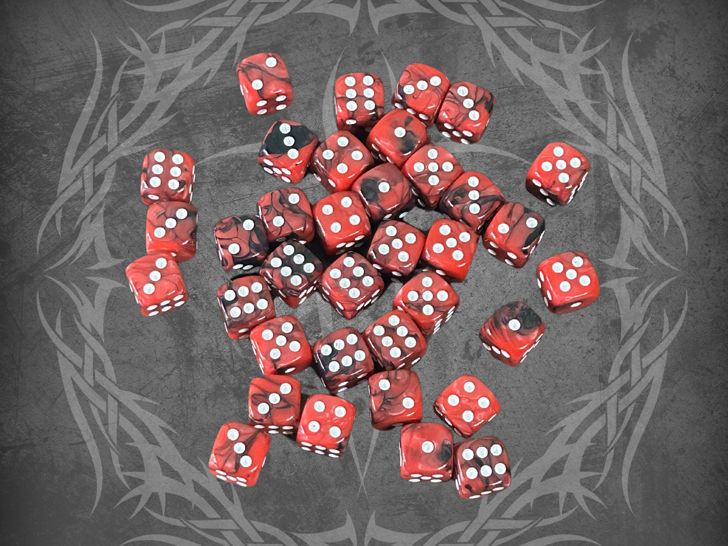 36 Dice Pack 12mm Black & Red w/ White Accents Rounded Edges