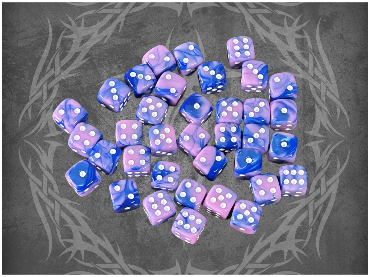 36 Dice Pack 12mm Blue & Light Purple w/ White Accents Rounded Edges