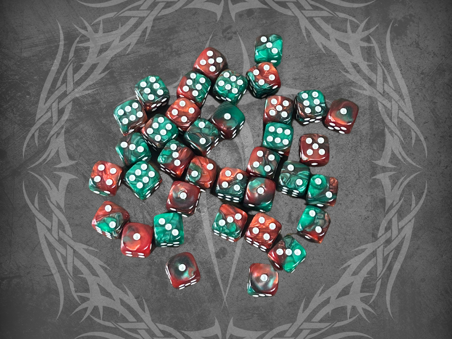 36 Dice Pack 12mm Red & Green w/ White Accents Rounded Edges