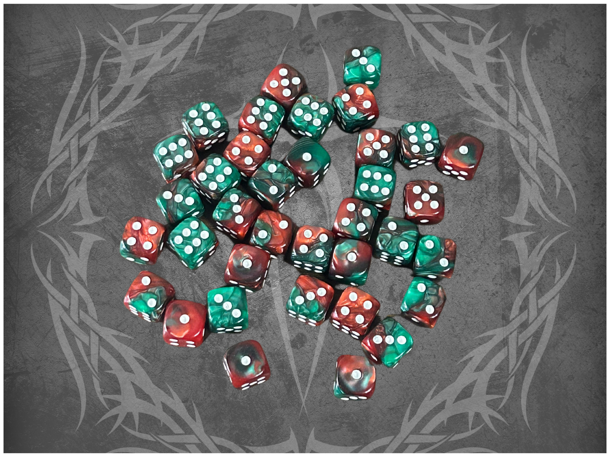 36 Dice Pack 12mm Red & Green w/ White Accents Rounded Edges
