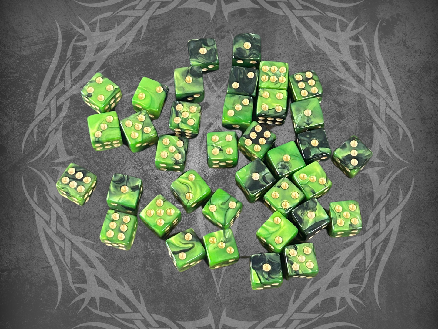 36 Dice Pack 12mm Black & Light Green w/ Gold Accents Square Edges