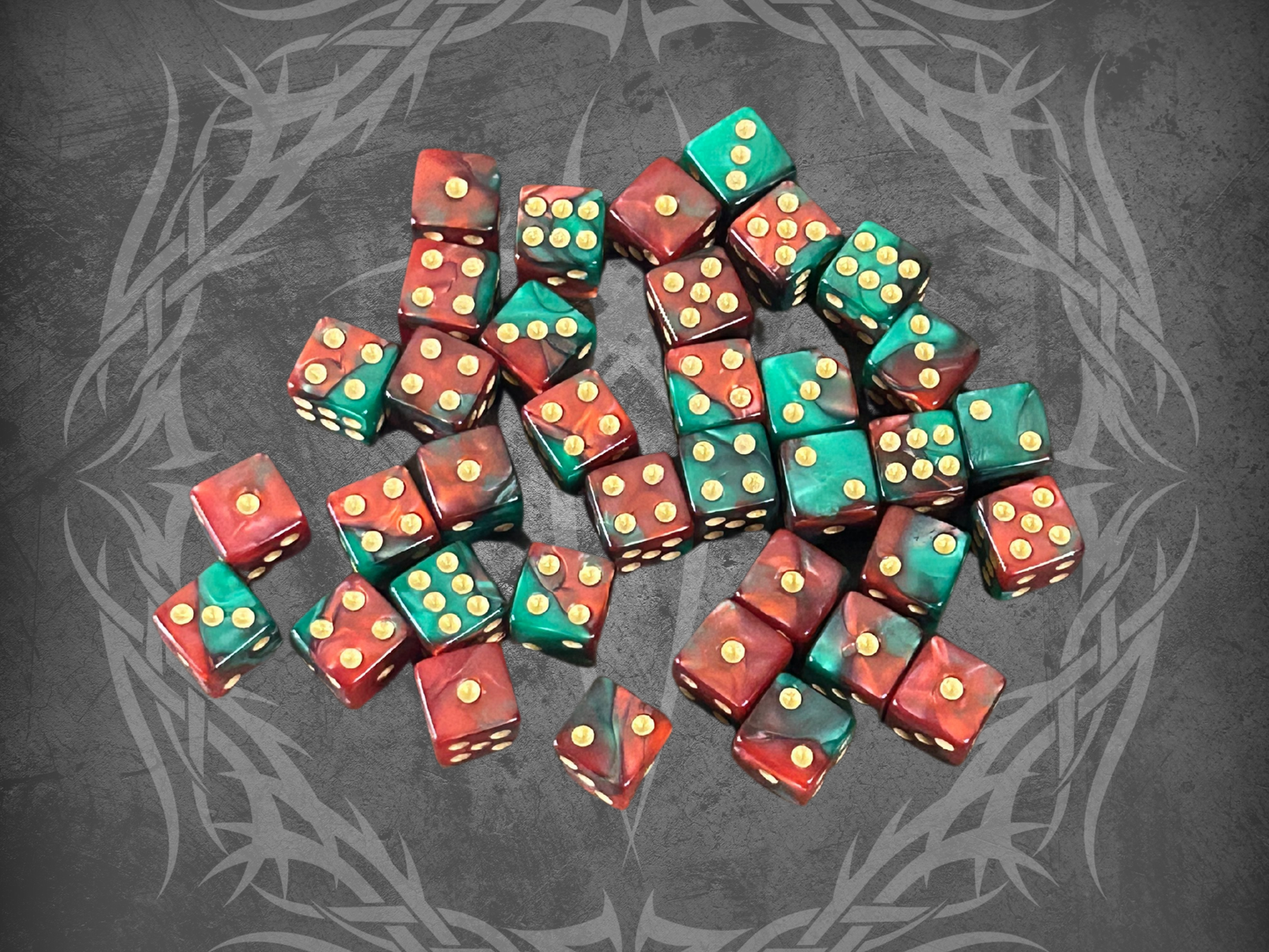 36 Dice Pack 12mm Red & Green w/ Gold Accents Square Edges