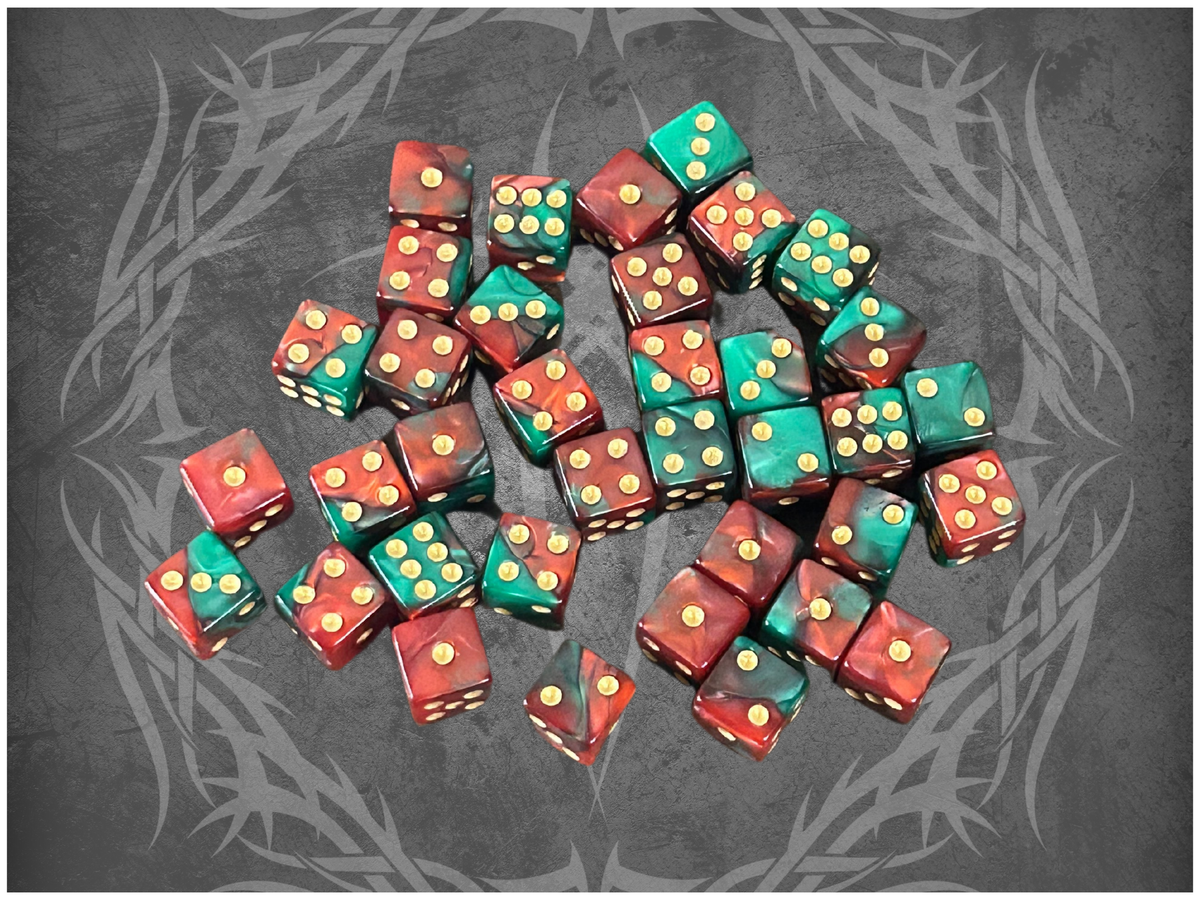 36 Dice Pack 12mm Red & Green w/ Gold Accents Square Edges