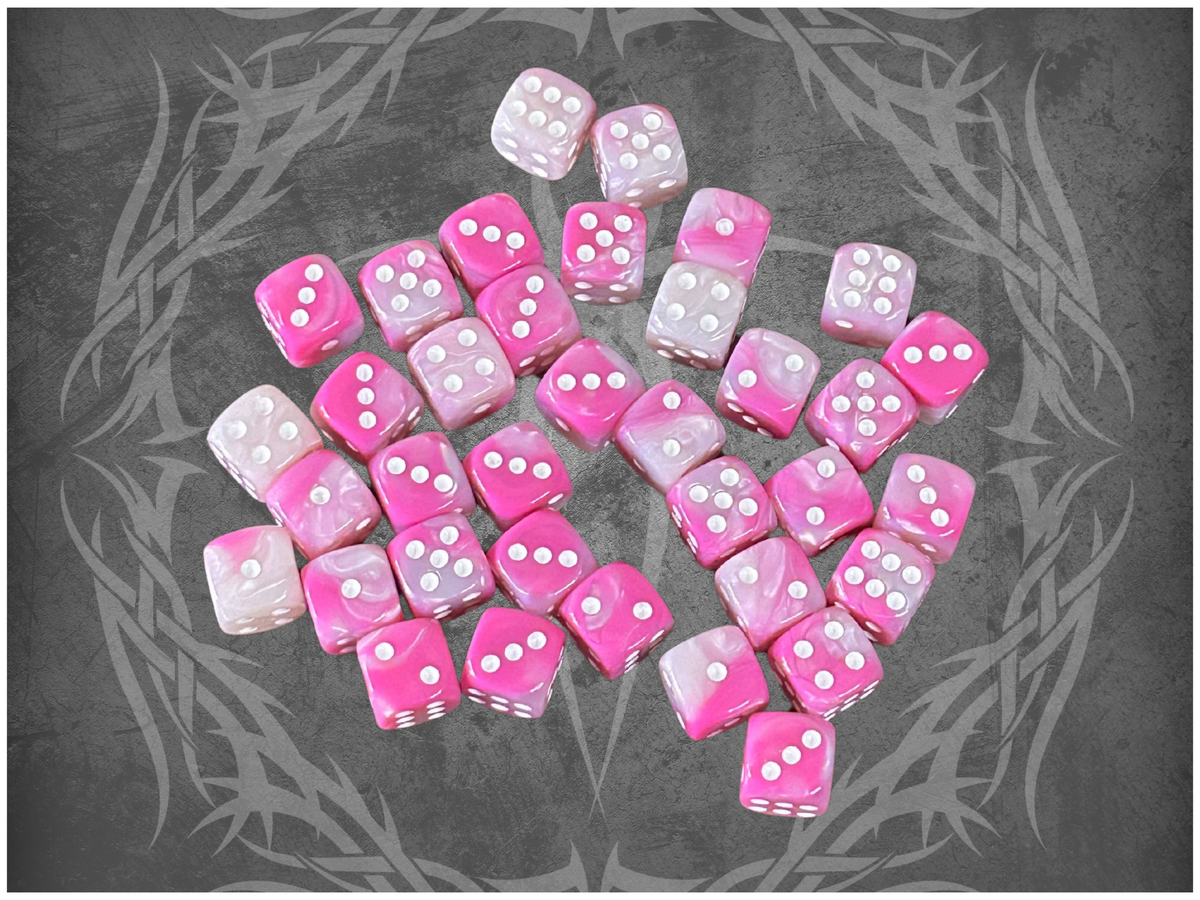 36 Dice Pack 12mm Pink & White w/ White Accents Rounded Edges