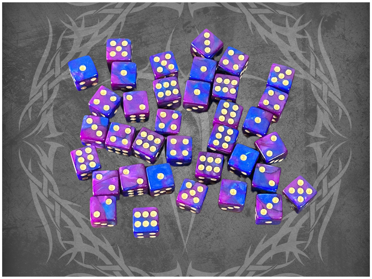 36 Dice Pack 12mm Dark Blue & Purple w/ Gold Accents Square Edges