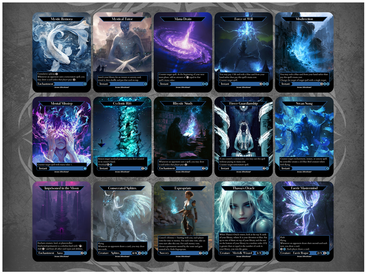 Blue EDH Staples 15-Card Discount Bundle - Full Art Altered Art Custom Proxy Cards