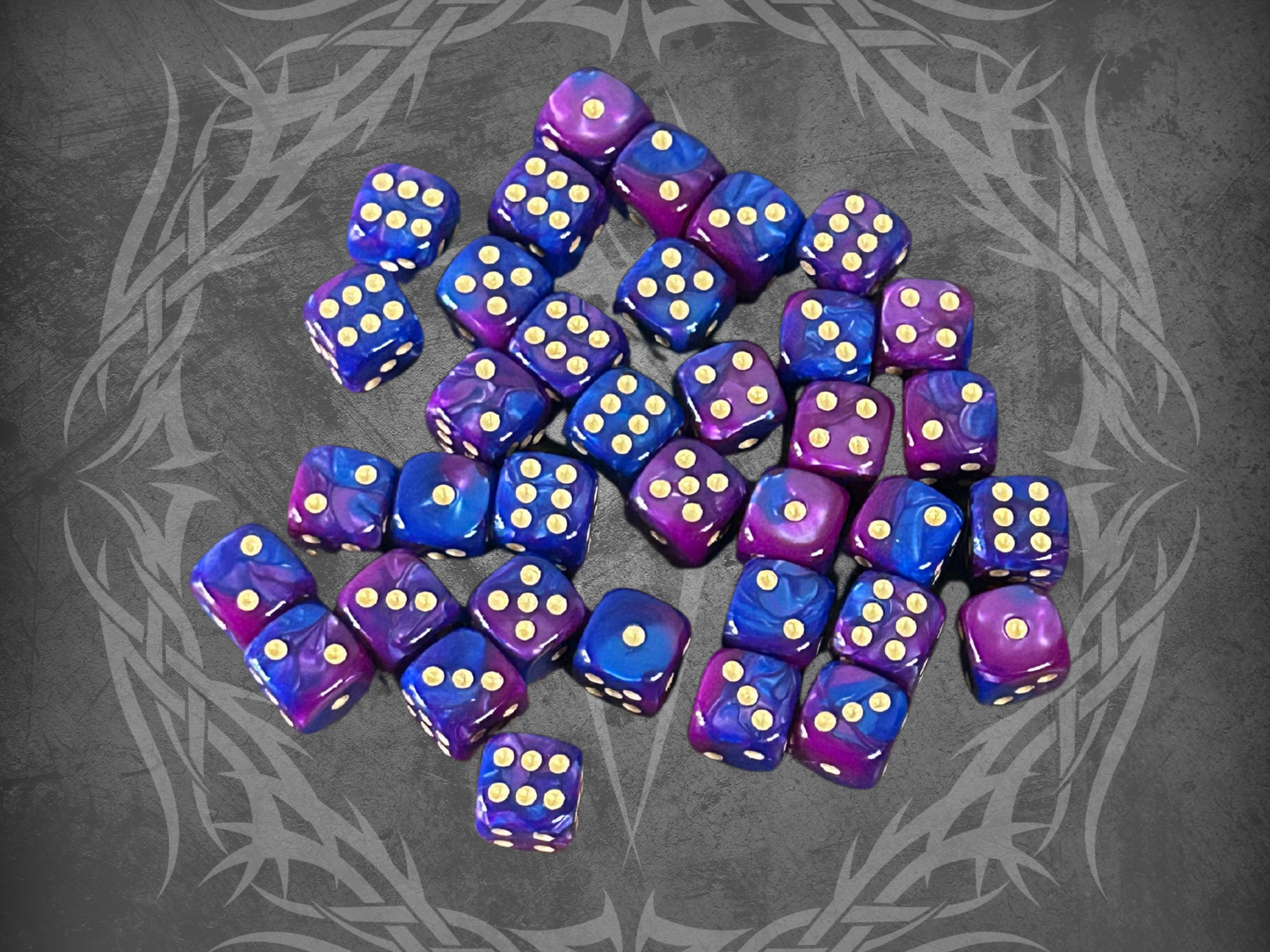 36 Dice Pack 12mm Dark Blue & Purple w/ Gold Accents Rounded Edges