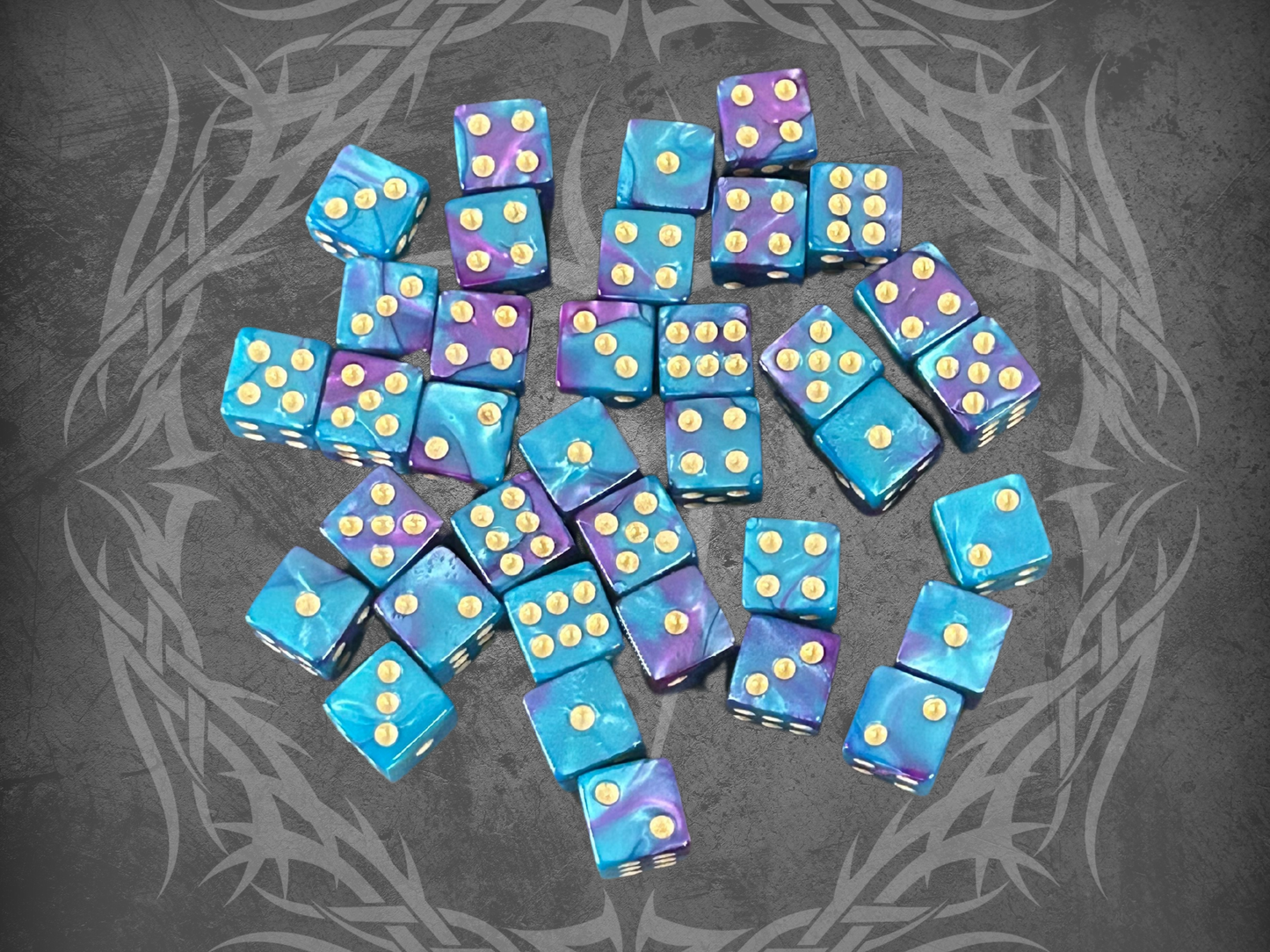 36 Dice Pack 12mm Light Blue & Purple w/ Gold Accents Square Edges