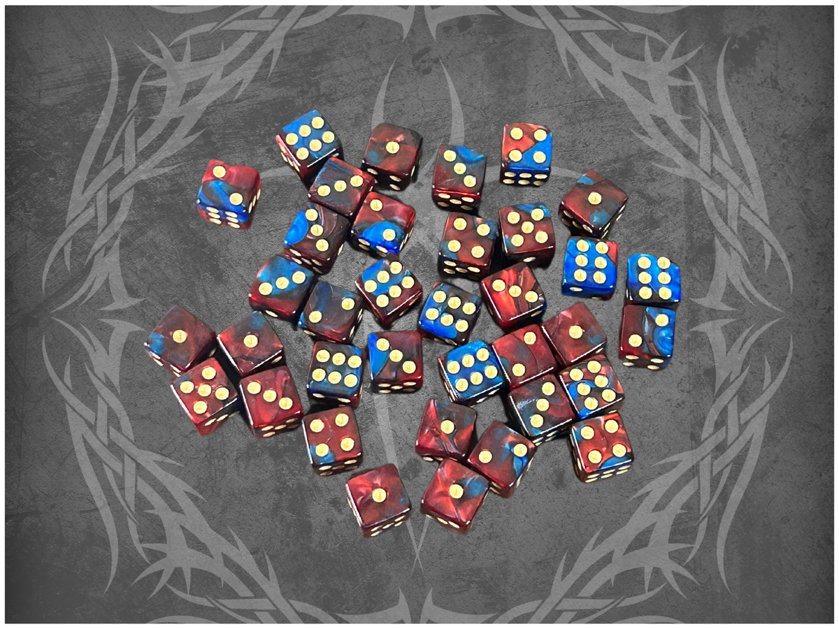 36 Dice Pack 12mm Red & Blue w/ Gold Accents Square Edges