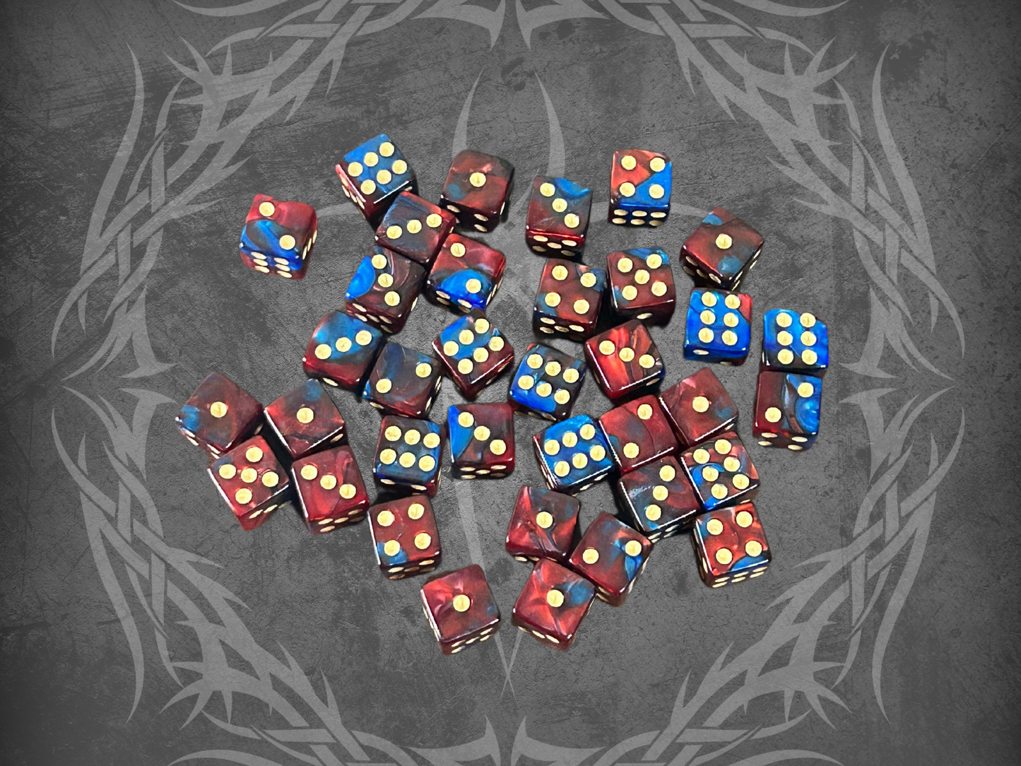 36 Dice Pack 12mm Red & Blue w/ Gold Accents Square Edges