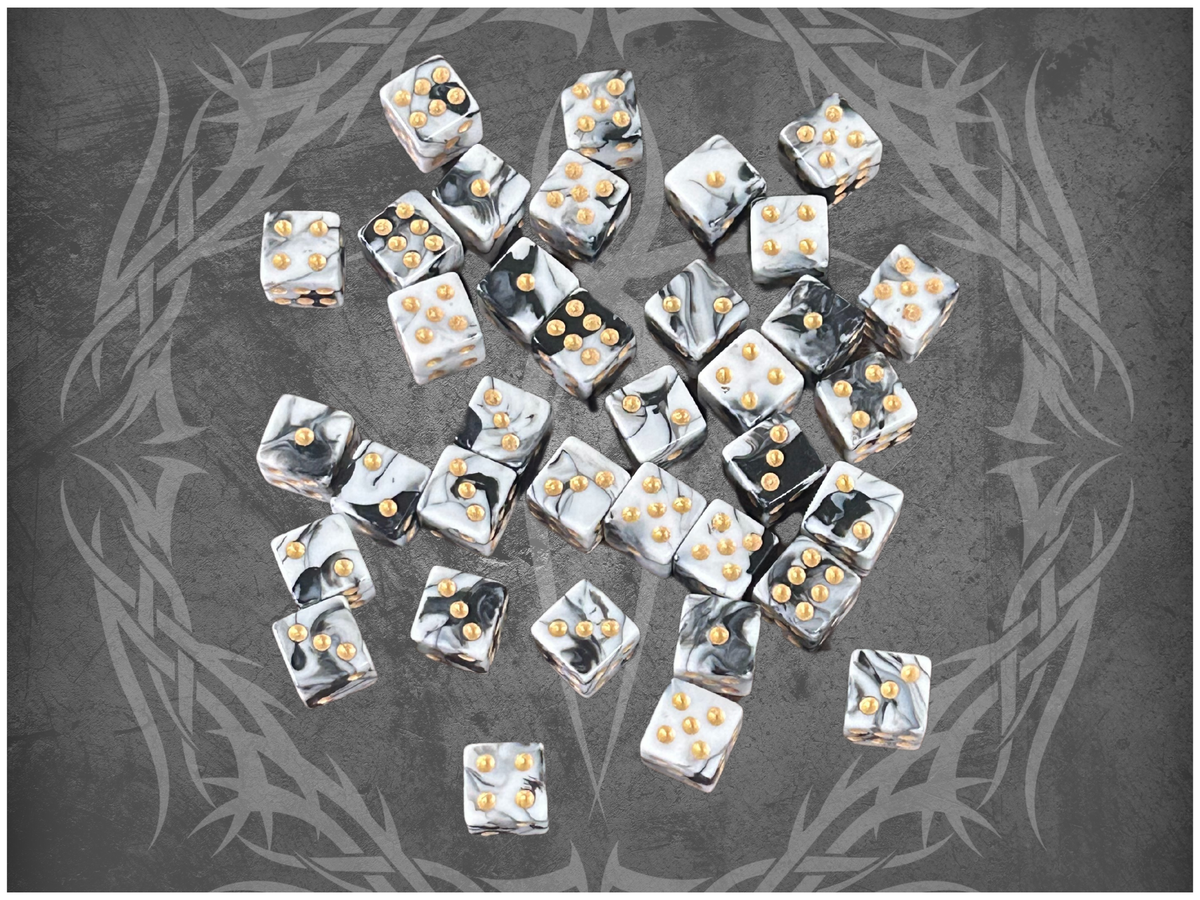 36 Dice Pack 12mm Light Black & White w/ Gold Accents Square Edges