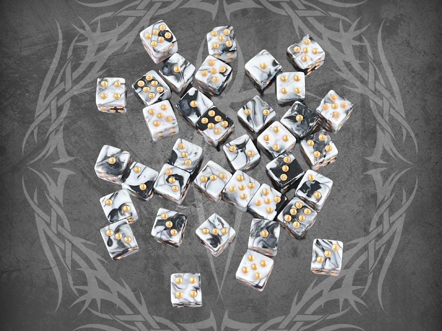 36 Dice Pack 12mm Light Black & White w/ Gold Accents Square Edges