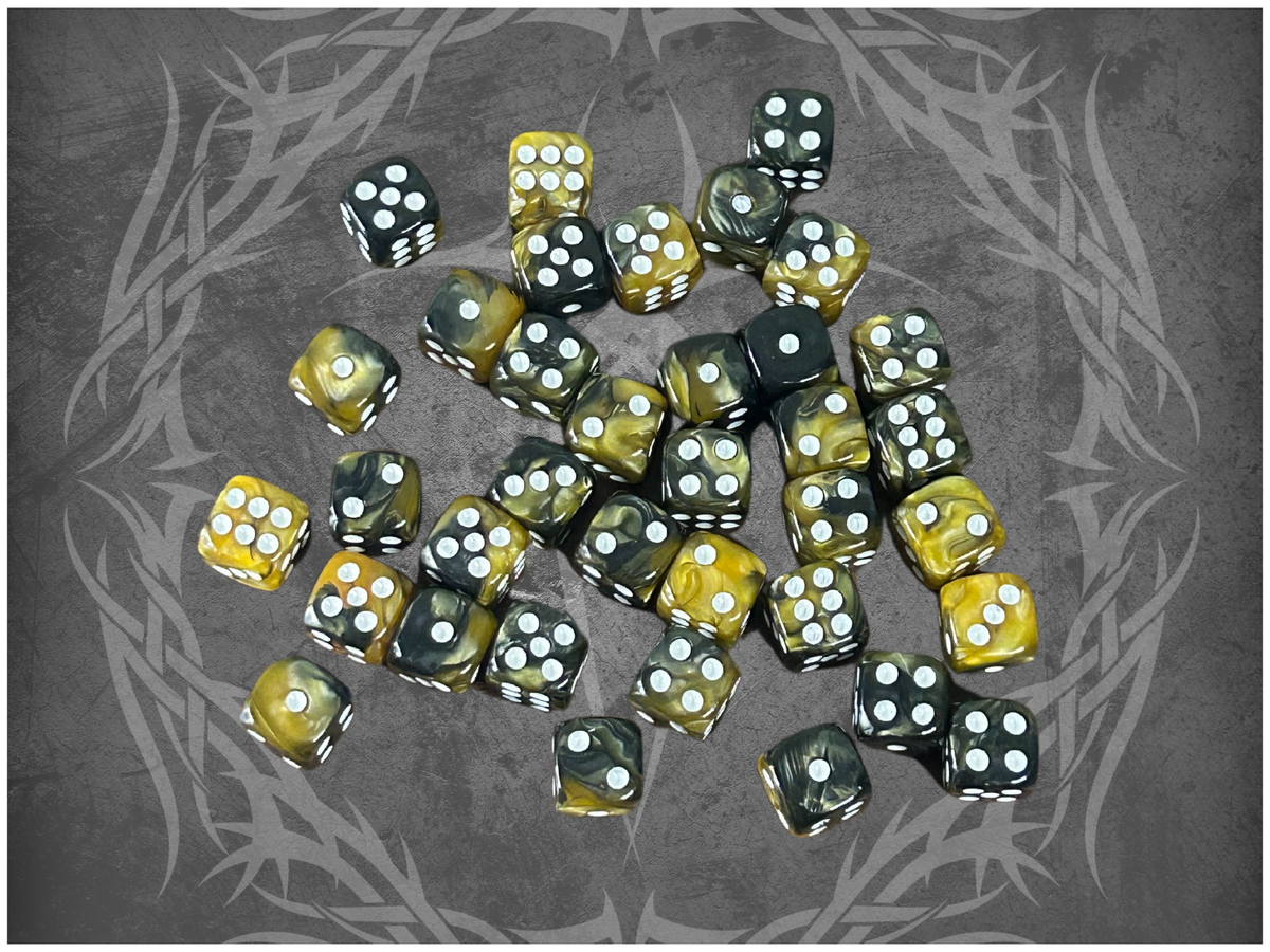 36 Dice Pack 12mm Light Black & Gold w/ White Accents Rounded Edges