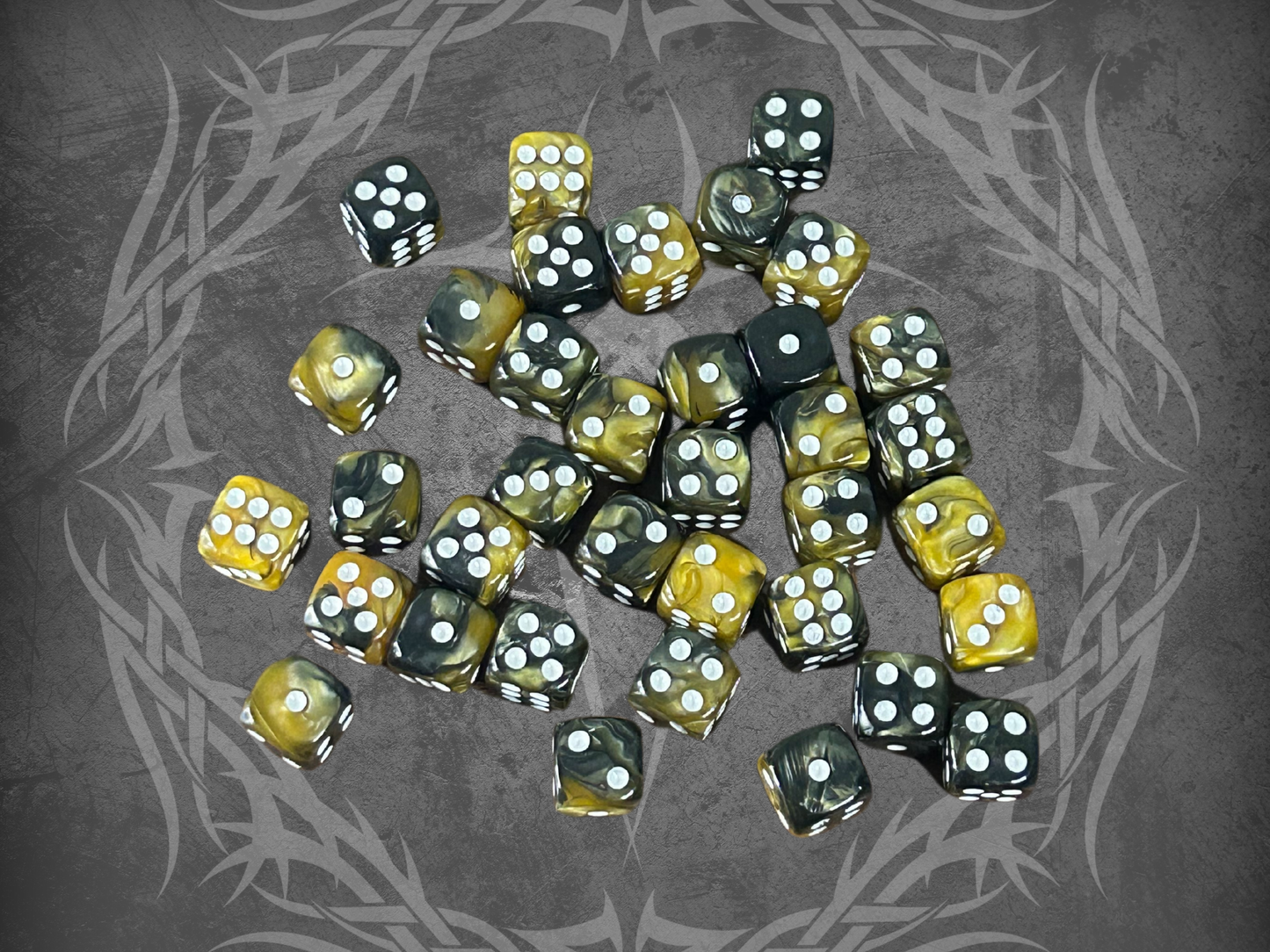 36 Dice Pack 12mm Light Black & Gold w/ White Accents Rounded Edges