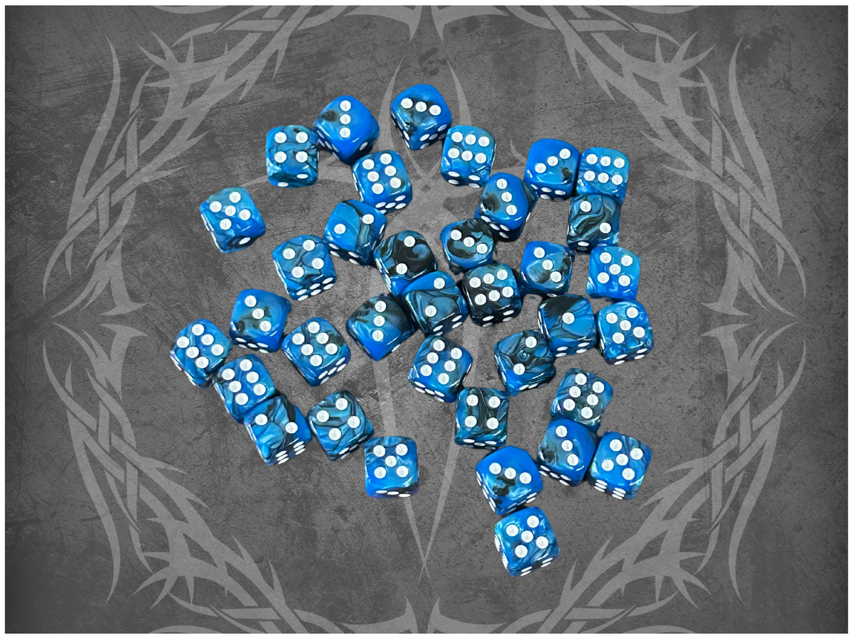 36 Dice Pack 12mm Black & Blue w/ White Accents Rounded Edges