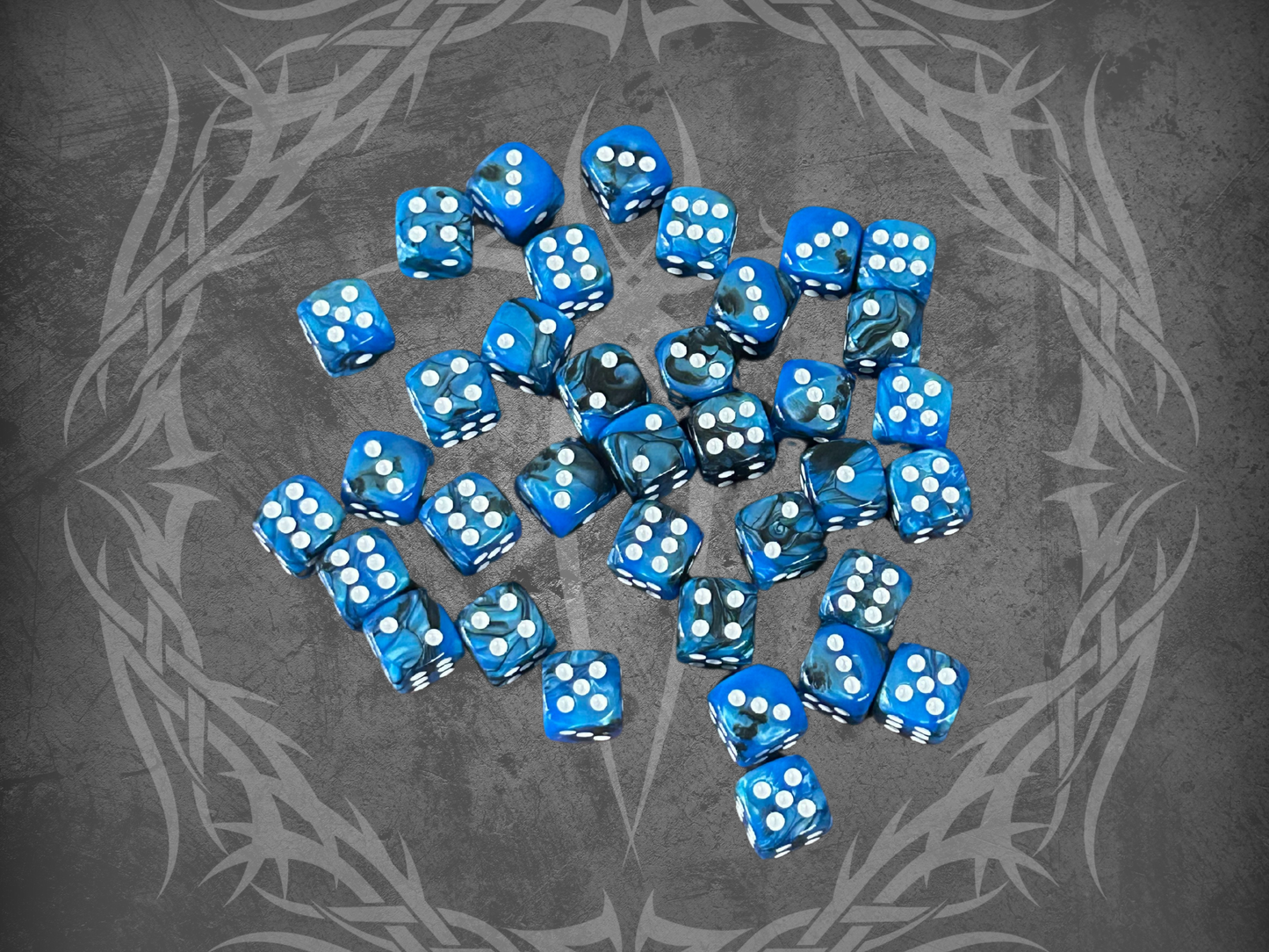 36 Dice Pack 12mm Black & Blue w/ White Accents Rounded Edges