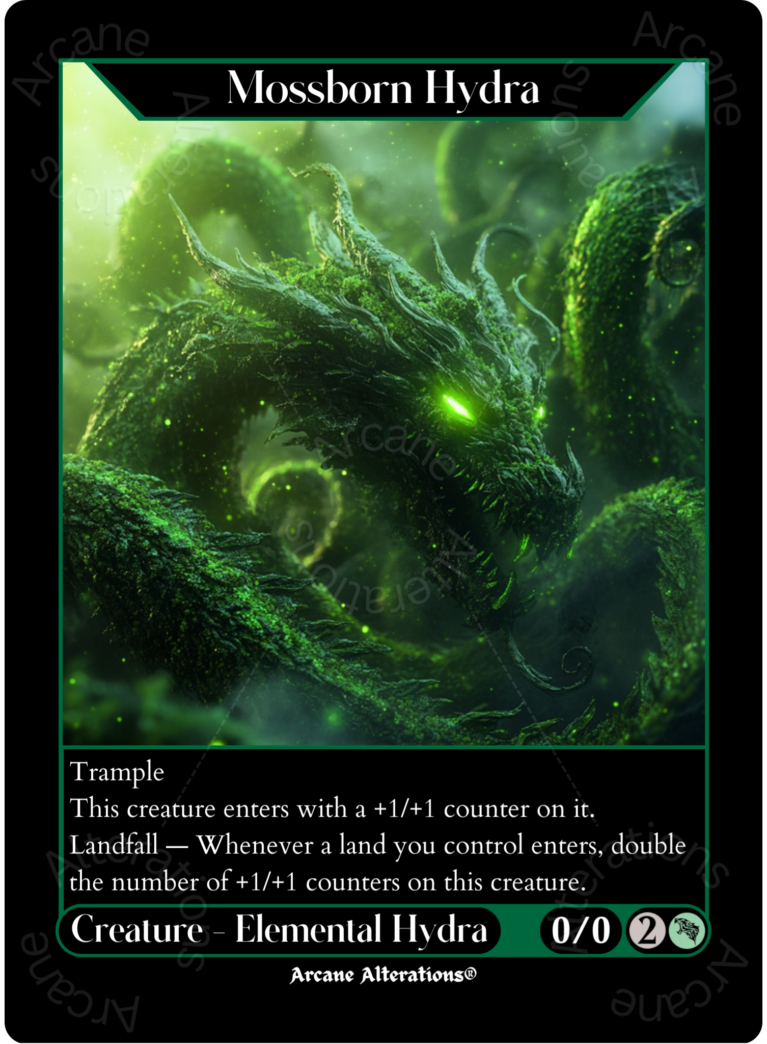 Mossborn Hydra - High Quality Altered Art Custom Proxy Cards Arcane Alterations Mossborn Hydra - High Quality Altered Art Custom Proxy Cards Arcane Alterations
