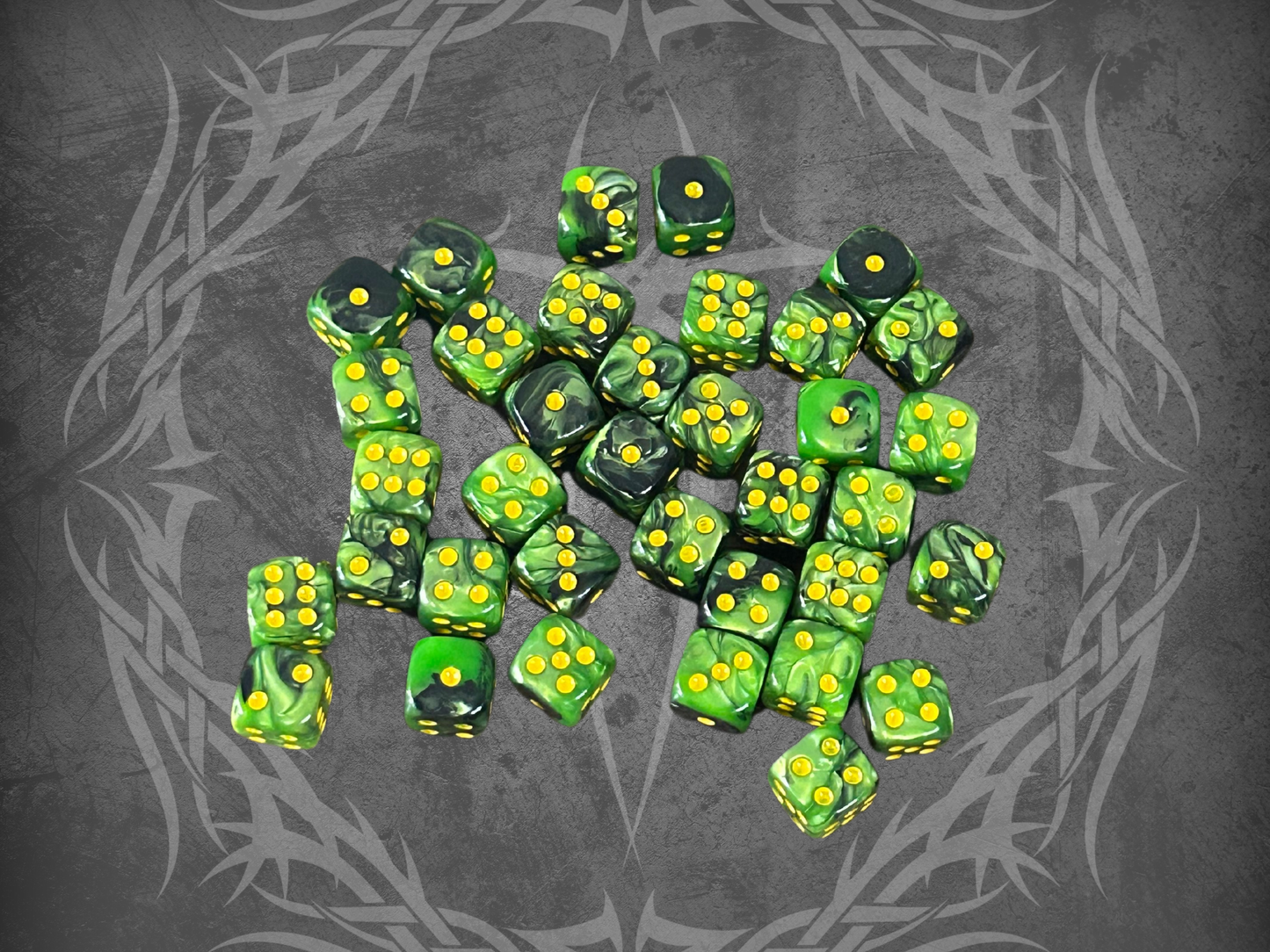 36 Dice Pack 12mm Black & Green w/ Yellow Accents Rounded Edges