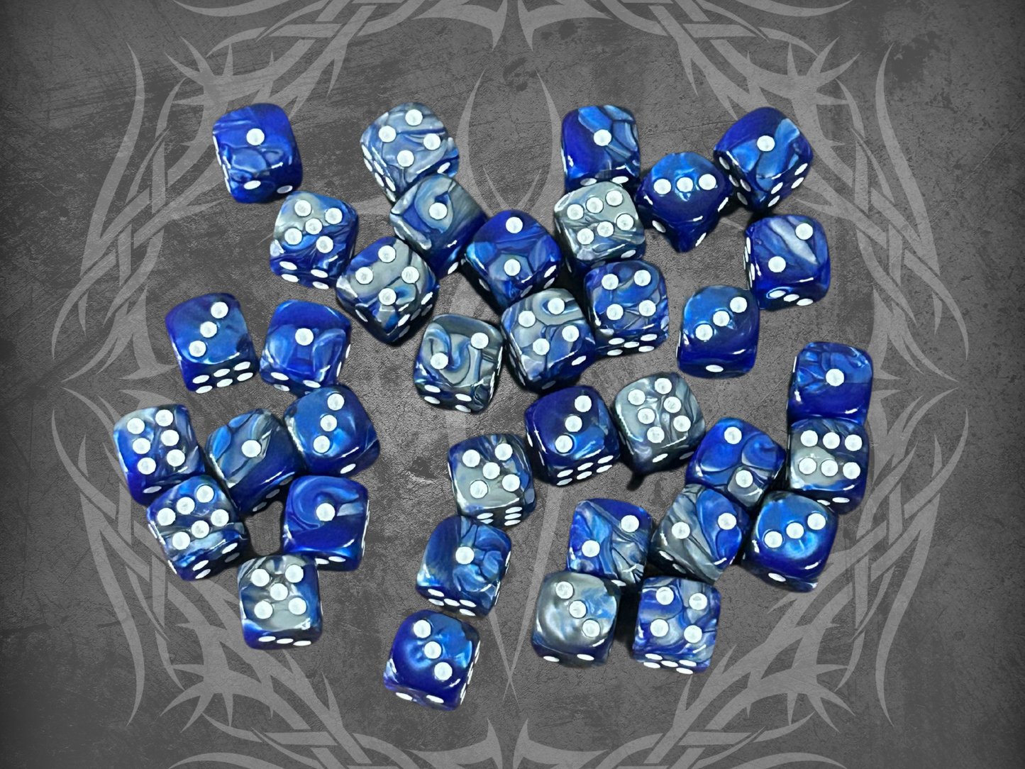 36 Dice Pack 12mm Dark Blue & Silver w/ White Accents Rounded Edges