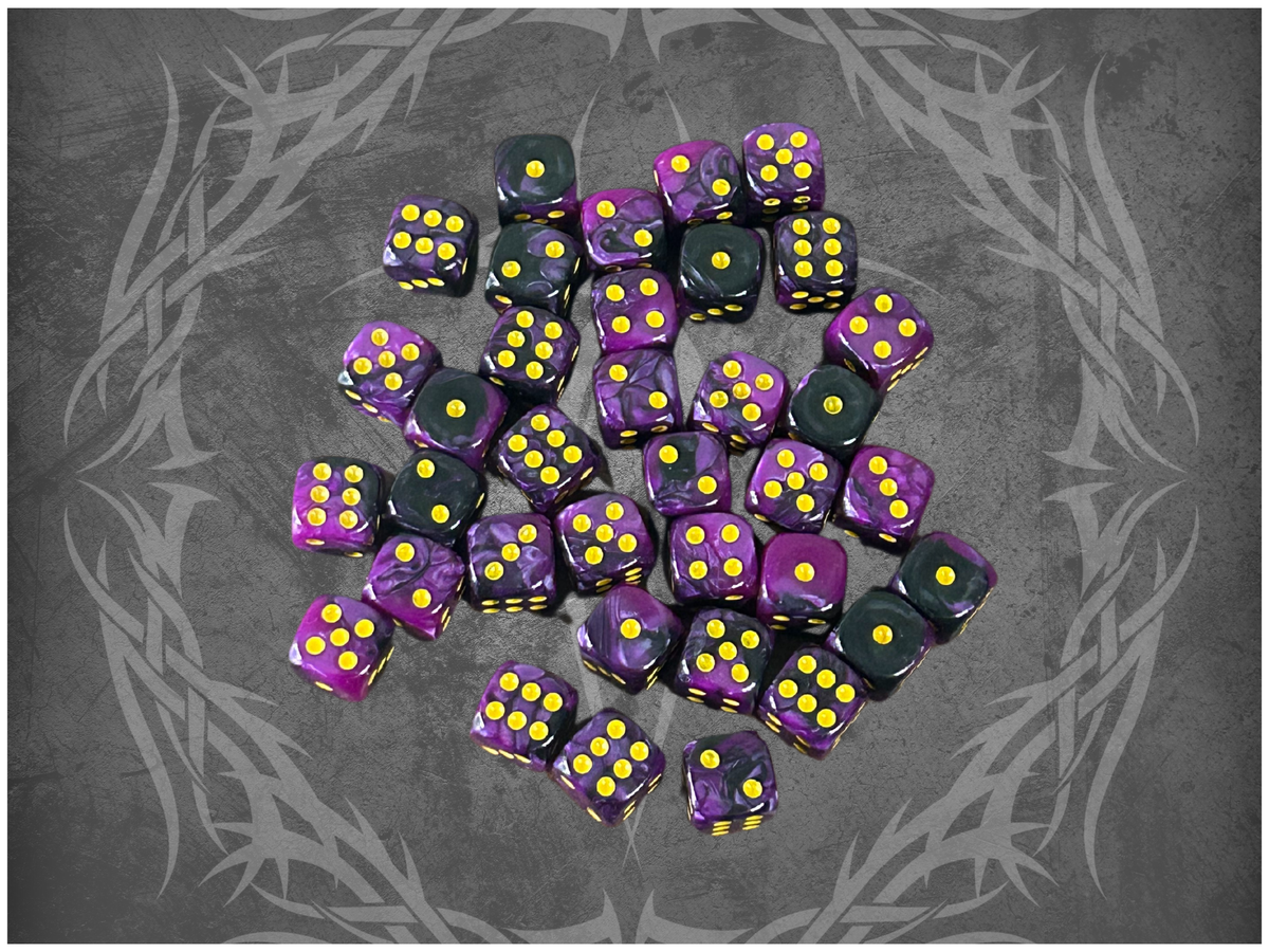 36 Dice Pack 12mm Black & Purple w/ Yellow Accents Rounded Edges