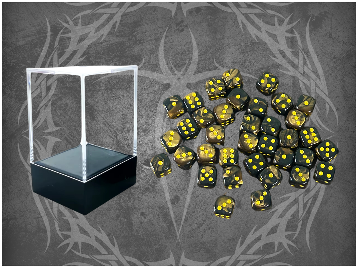 36 Dice Pack 12mm Black & Bronze w/ Yellow Accents Rounded Edges