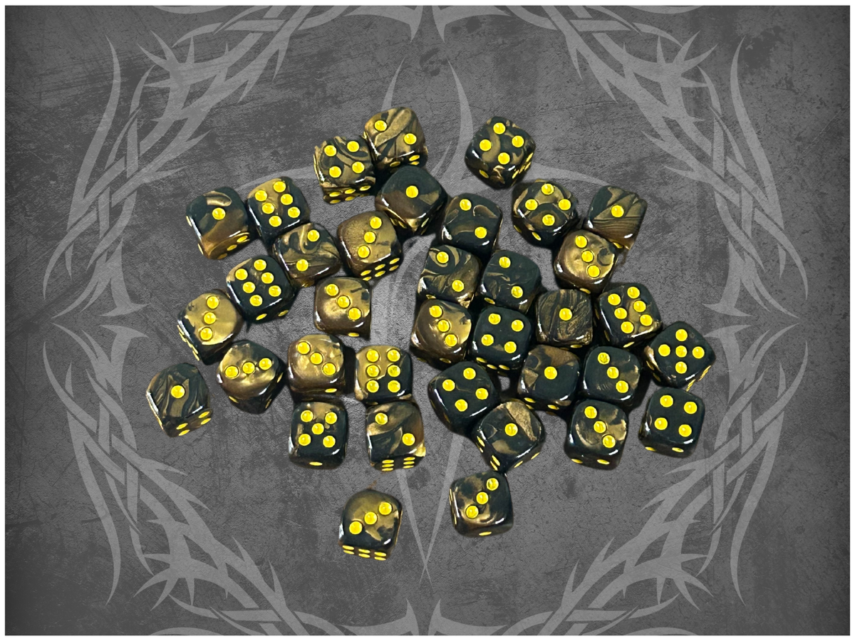 36 Dice Pack 12mm Black & Bronze w/ Yellow Accents Rounded Edges