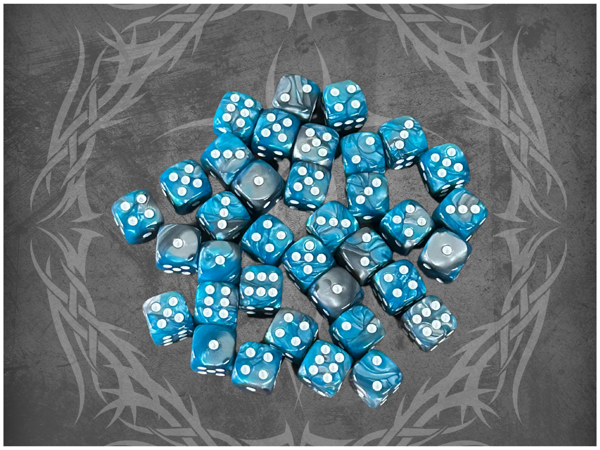 36 Dice Pack 12mm Blue & Silver w/ White Accents Rounded Edges