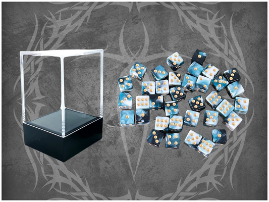 36 Dice Pack 12mm Black, White, & Light Blue w/ Gold Accents Square Edges