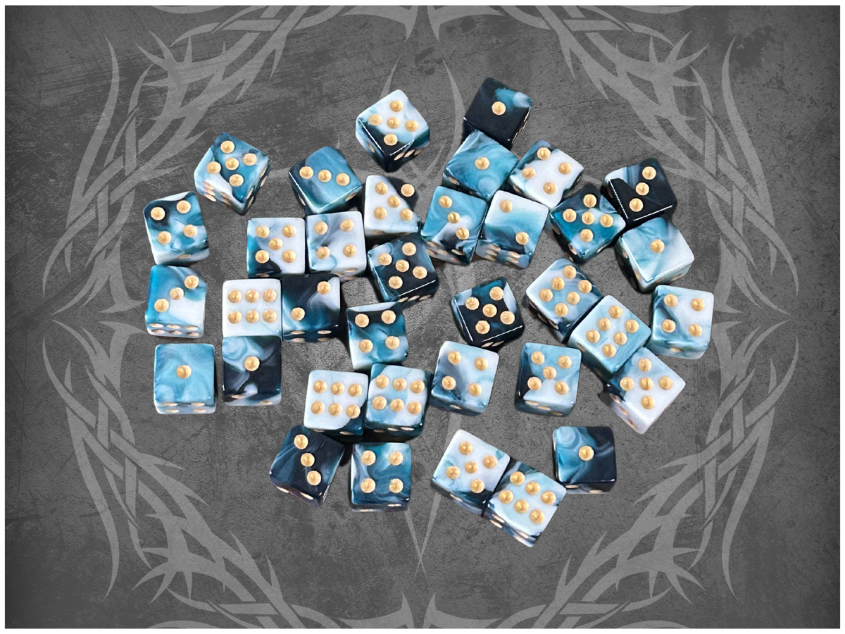 36 Dice Pack 12mm Black, White, & Light Blue w/ Gold Accents Square Edges