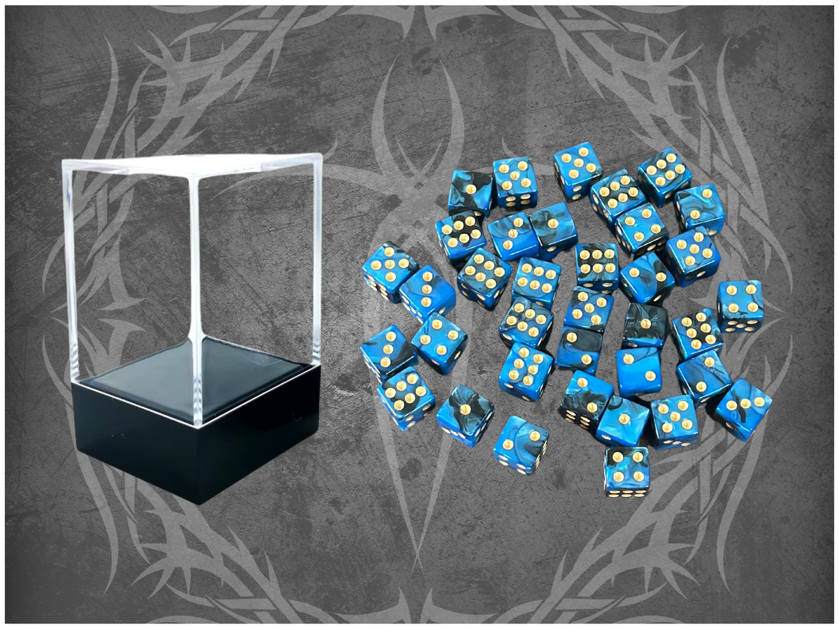 36 Dice Pack 12mm Black & Blue w/ Gold Accents Square Edges