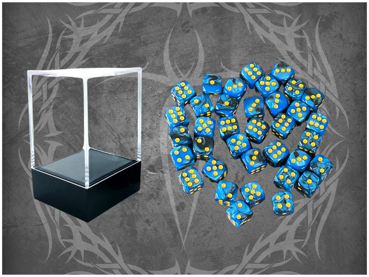 36 Dice Pack 12mm Black & Blue w/ Yellow Accents Rounded Edges