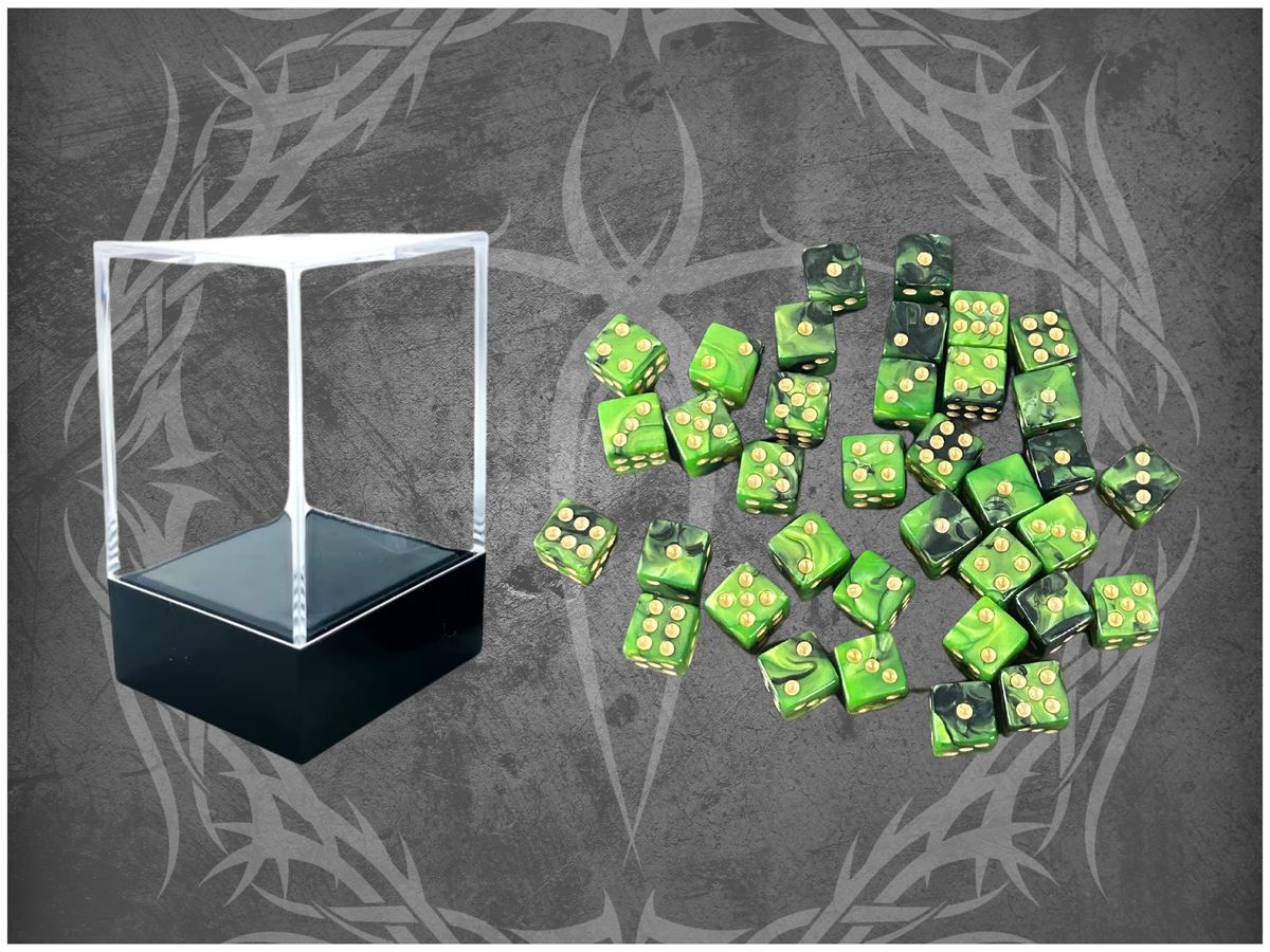 36 Dice Pack 12mm Black & Light Green w/ Gold Accents Square Edges