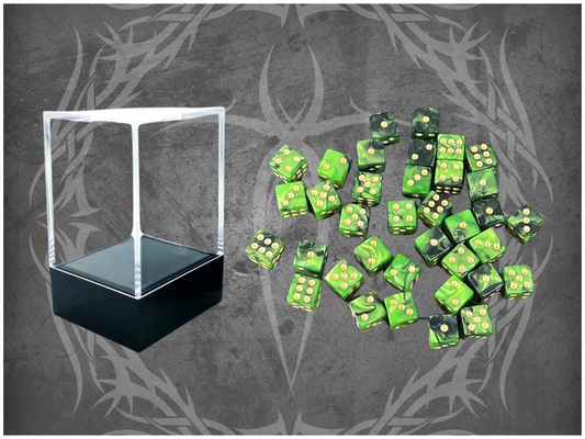 36 Dice Pack 12mm Black & Light Green w/ Gold Accents Square Edges