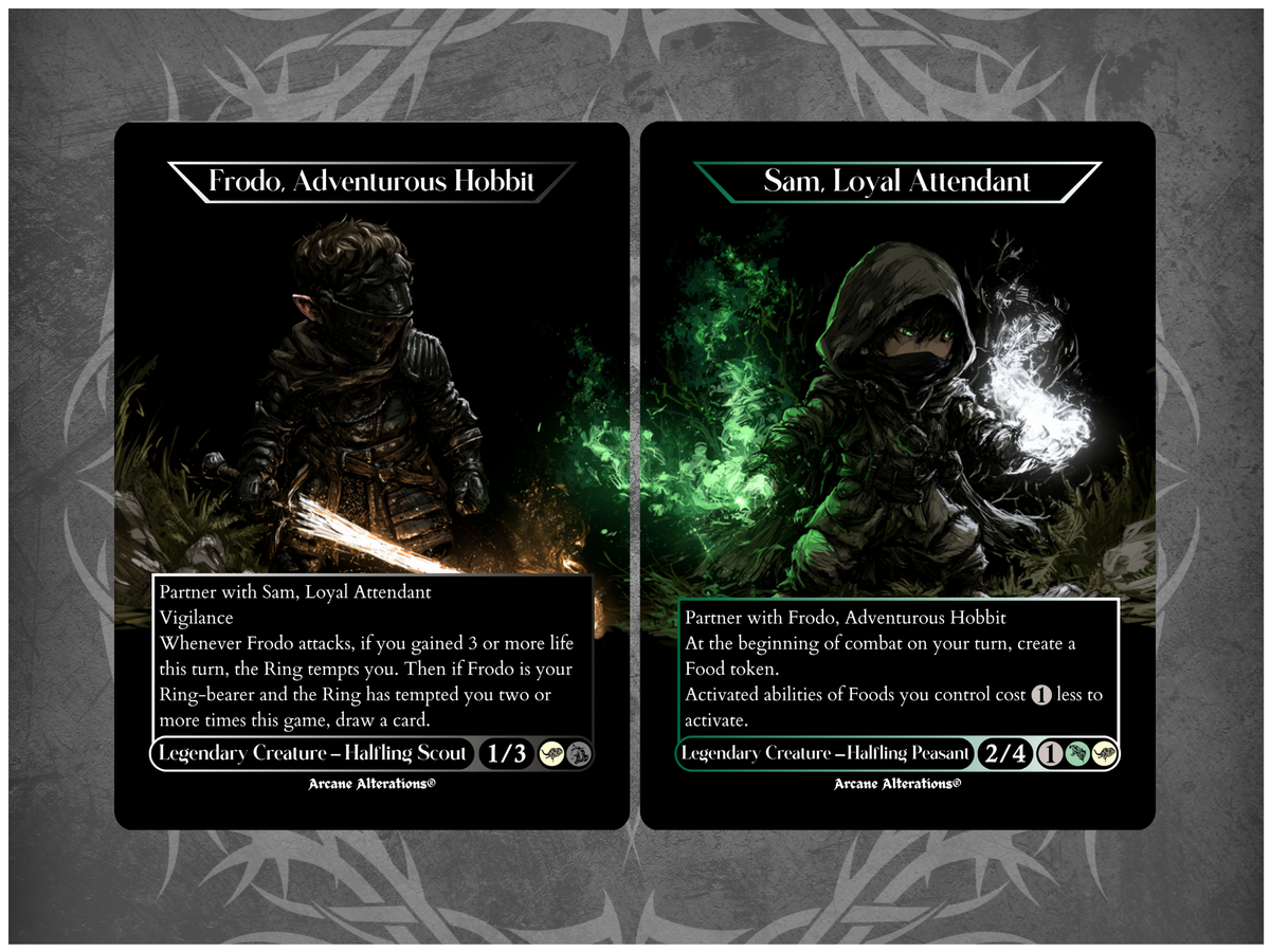 Frodo, Adventurous Hobbit & Sam, Loyal Attendant Card Discount Pair - Full Art Altered Art Custom Proxy Cards