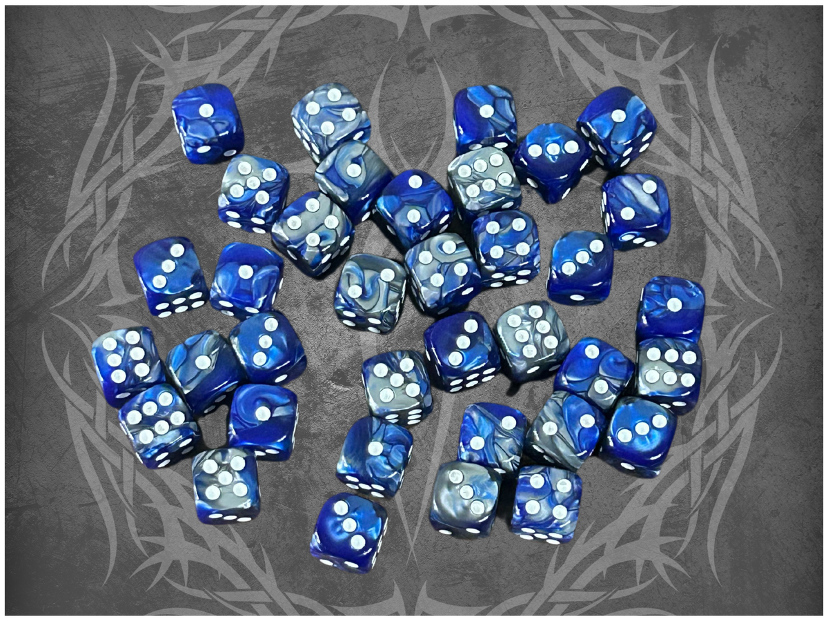 36 Dice Pack 12mm Dark Blue & Silver w/ White Accents Rounded Edges