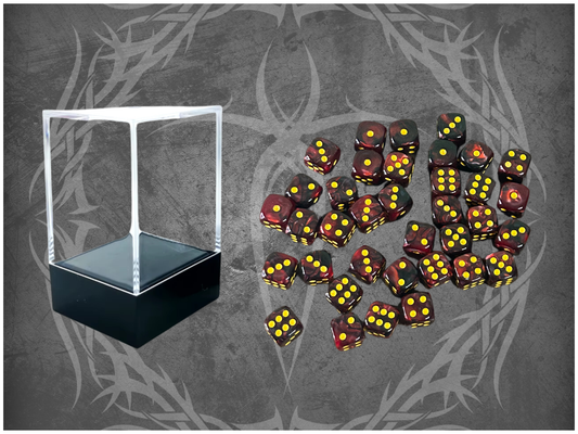 36 Dice Pack 12mm Black & Dark Red w/ Yellow Accents Rounded Edges
