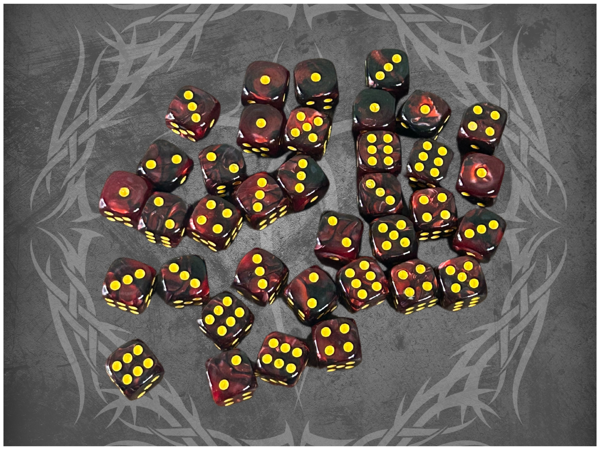36 Dice Pack 12mm Black & Dark Red w/ Yellow Accents Rounded Edges