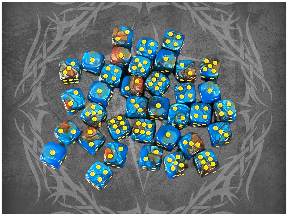 36 Dice Pack 12mm Blue & Brown w/ Yellow Accents Rounded Edges