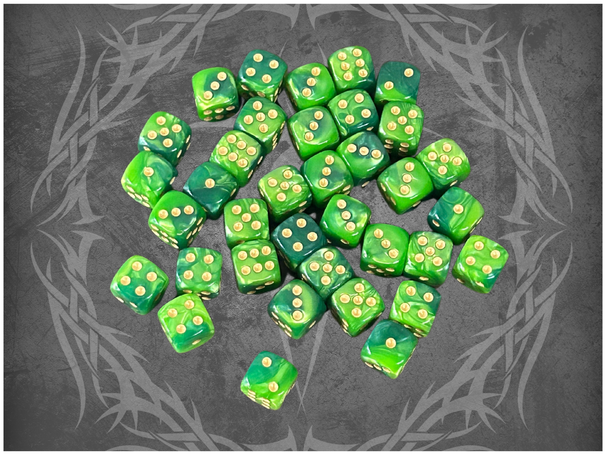 36 Dice Pack 12mm Dark Green & Light Green w/ Gold Accents Rounded Edges