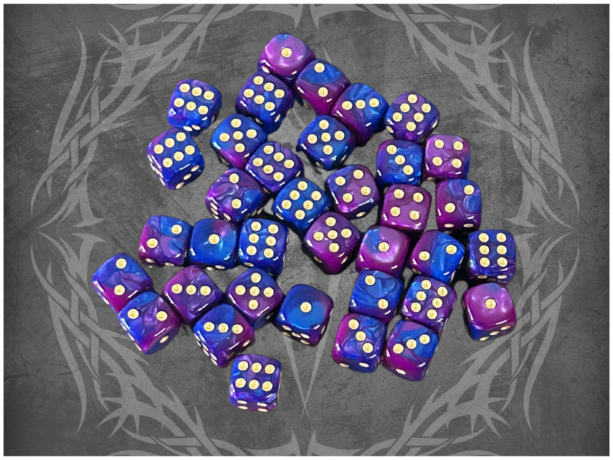 36 Dice Pack 12mm Dark Blue & Purple w/ Gold Accents Rounded Edges