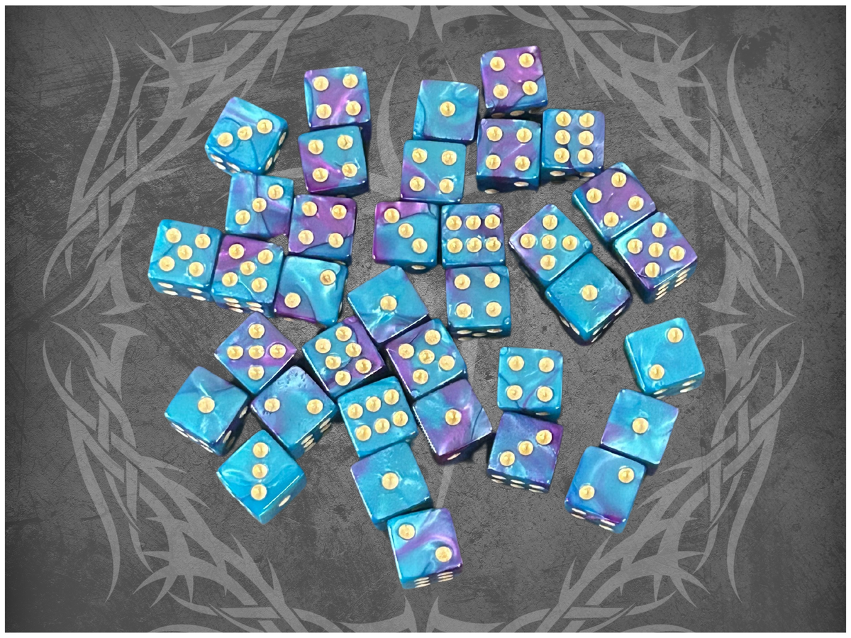 36 Dice Pack 12mm Light Blue & Purple w/ Gold Accents Square Edges